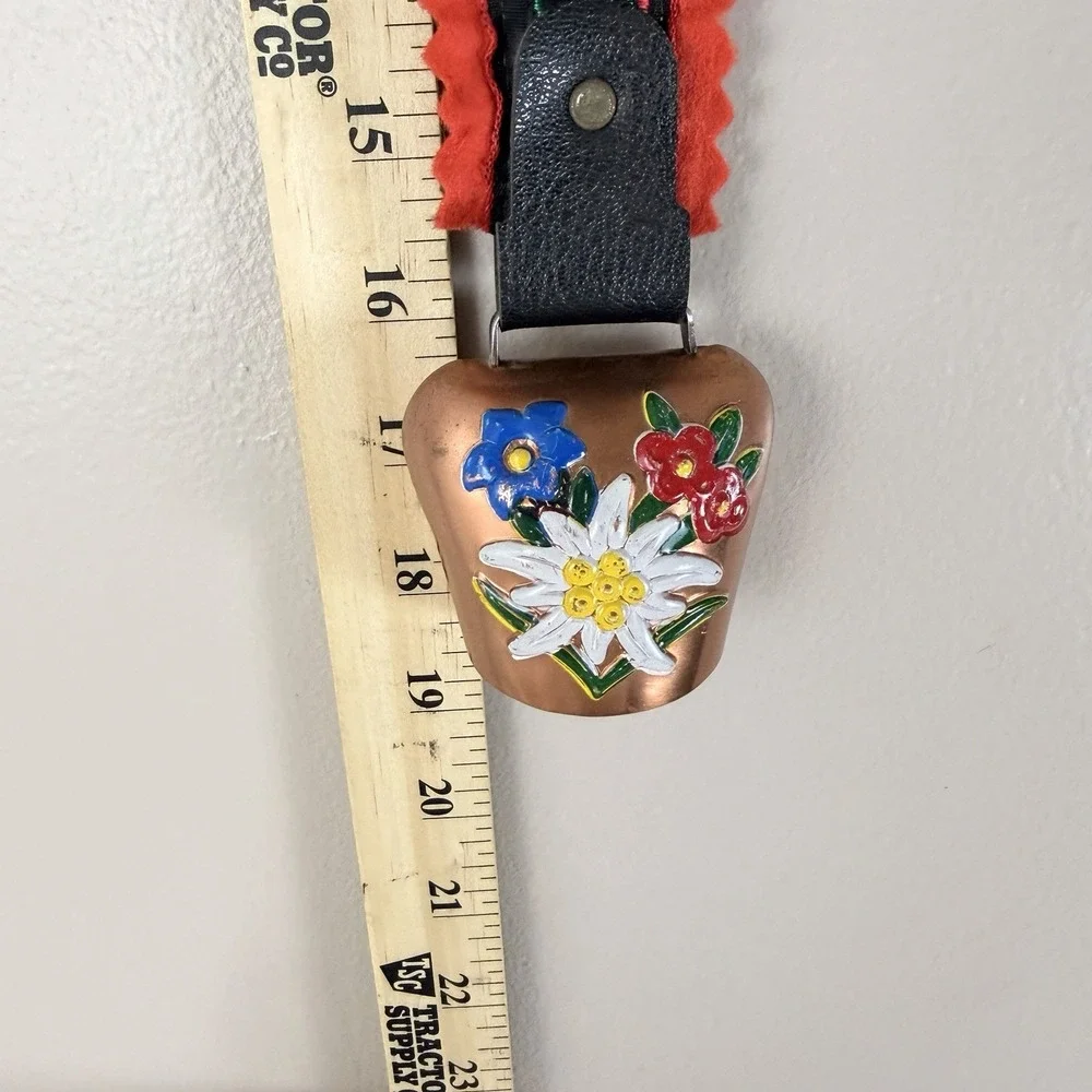 Vintage Brass Swiss Cow Bells Hand Painted on Embroidered Strap